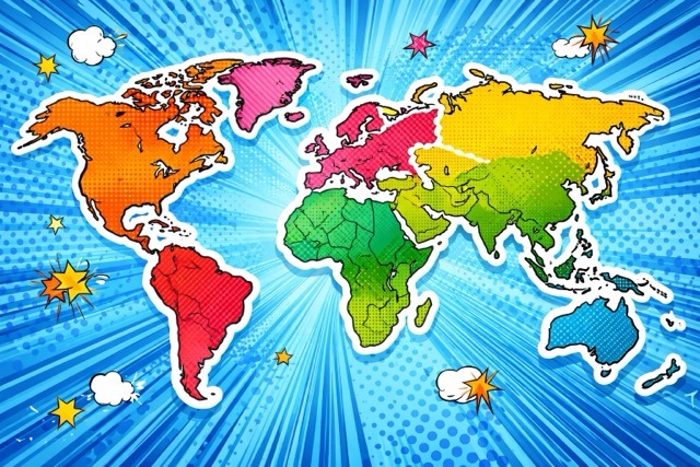 Pop-Art Weltkarte mit klar getrennten Kontinenten